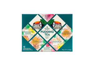 Box of Pudding Tea variety pack with colorful graphics on a white background