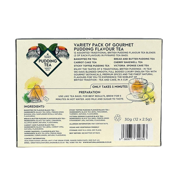 Back of Pudding Tea box showing details of teas, instructions, ingredients and contact information