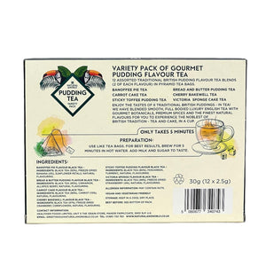 Back of Pudding Tea box showing details of teas, instructions, ingredients and contact information