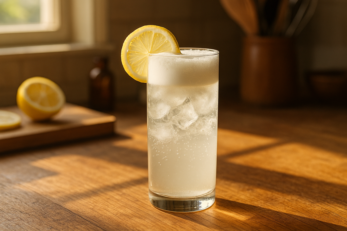 Gin Fizz cocktail on a wooden kitchen work top