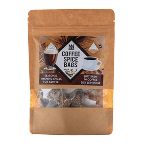 Pack of coffee spice bags with branding and product details on a white background
