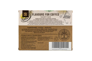 Rear cardboard packaging of a coffee flavour variety pack with text and graphics on a white background.