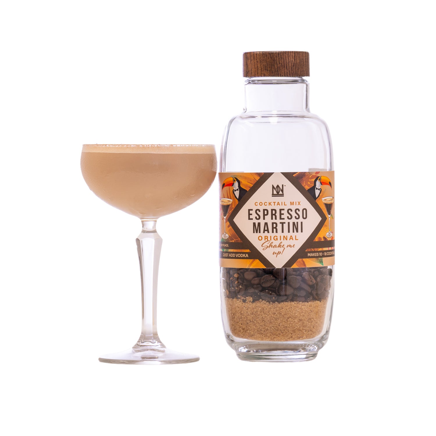 Bottle of Espresso Martini cocktail mix with a glass of the drink on a white background