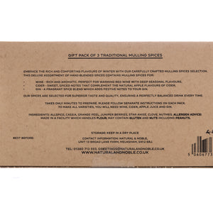 Rear of Natural & Noble Mulling Spices Assortment Gift Pack, Showing Ingredients and Instructions.