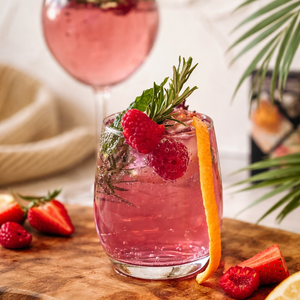 A Vibrant Gin & Tonic Flavoured with Natural & Noble Raspberry & Peach Gin Infusion Bags, Garnished with Fresh Fruit