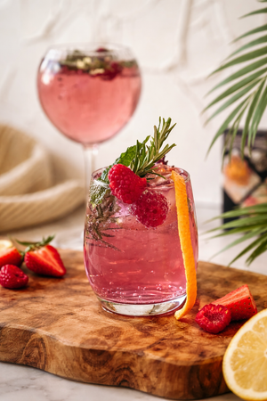 A Vibrant Gin & Tonic Flavoured with Natural & Noble Raspberry & Peach Gin Infusion Bags, Garnished with Fresh Fruit