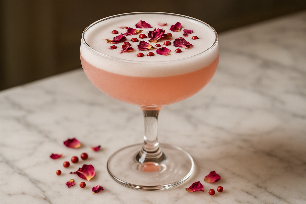 Rose and pink peppercorn gin sour cocktail