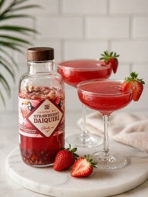 Two Strawberry Daiquiris Garnished with Fresh Strawberries, Alongside the Natural & Noble DIY Cocktail Kit